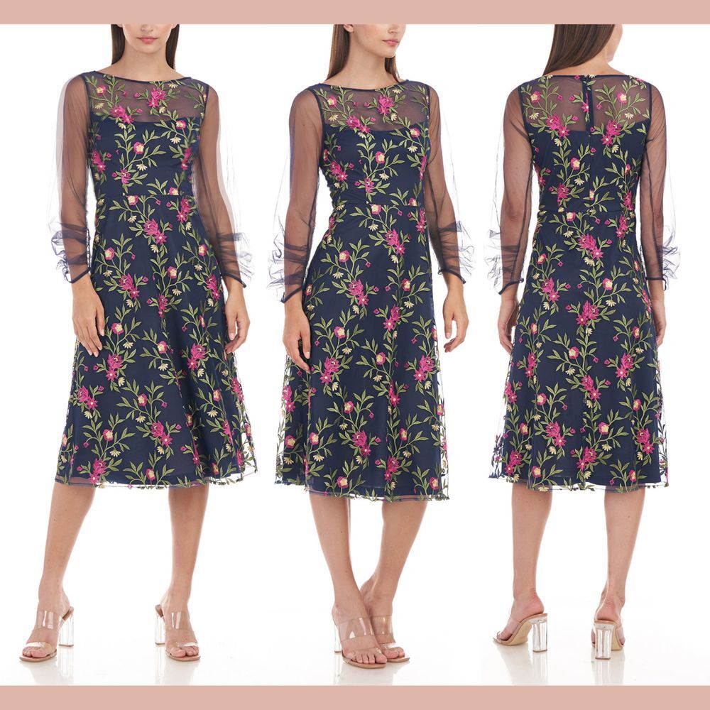 NEW JS Collections  [ 4 ] Everlyn Long Sleeve Floral Illusion Midi Dress #S1616‎